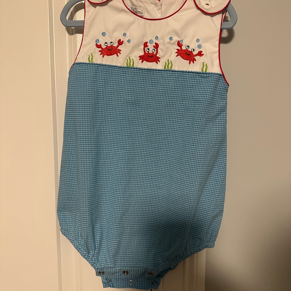 Petit Ami Red Crab Embroidered romper